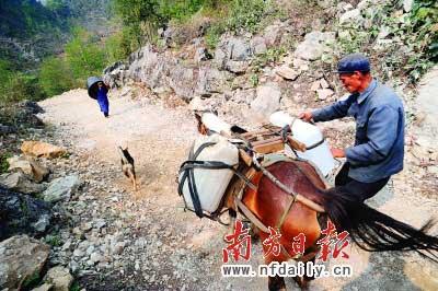 A&nbsp;villager&nbsp;from&nbsp;Guolintun,&nbsp;Zhonghe&nbsp;Village,&nbsp;Longhe&nbsp;Township,&nbsp;Napo&nbsp;County,&nbsp;carries&nbsp;water&nbsp;with&nbsp;a&nbsp;horse.