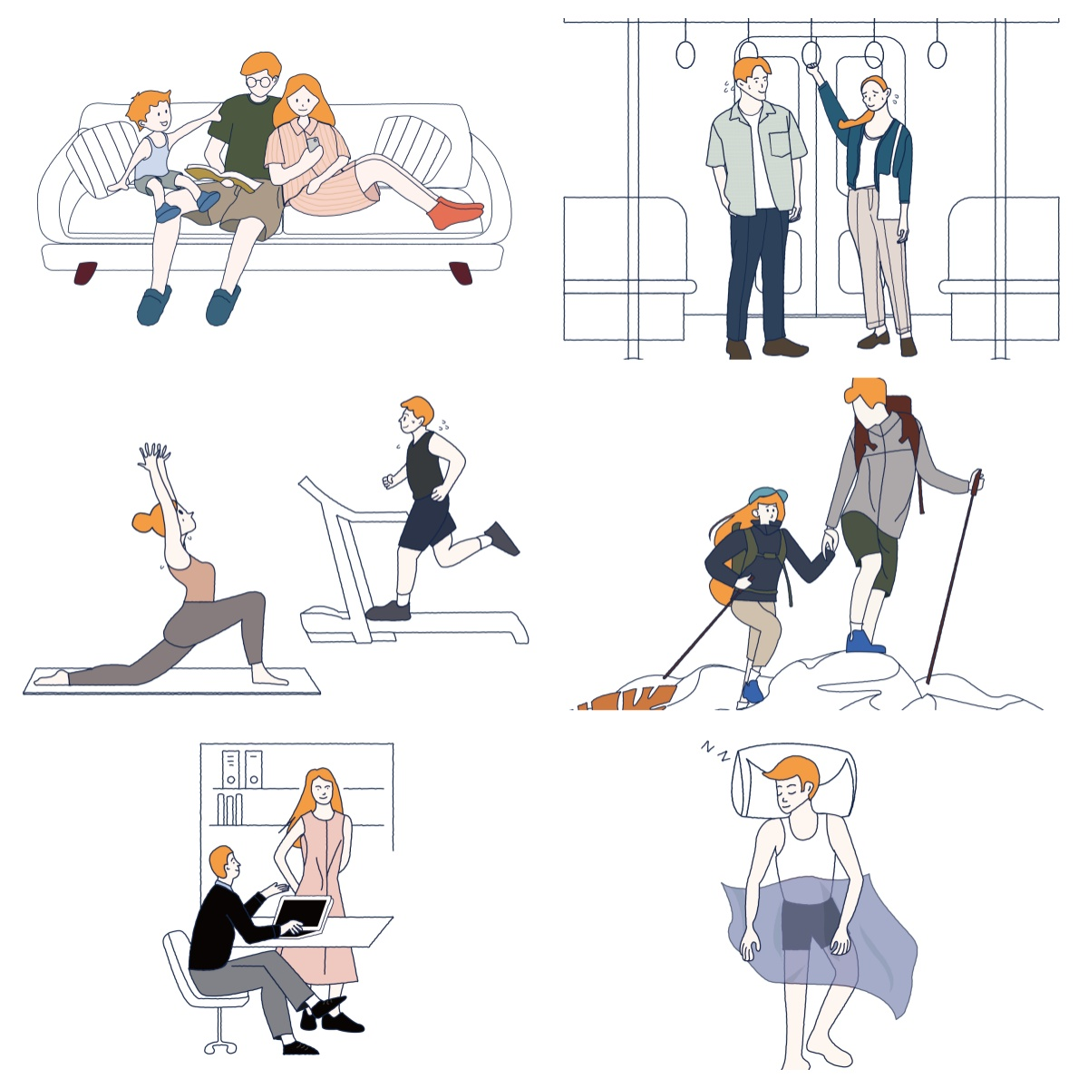 图说:贴身打底衣的多元使用场景:居家、地铁、健身、户外运动、职场等