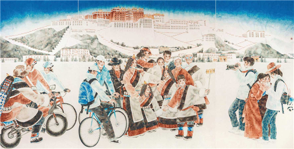 幸福西藏（国画） 190×375厘米 2019年 潘缨 崔亚鲁 王旭冉 王元 中国美术馆藏