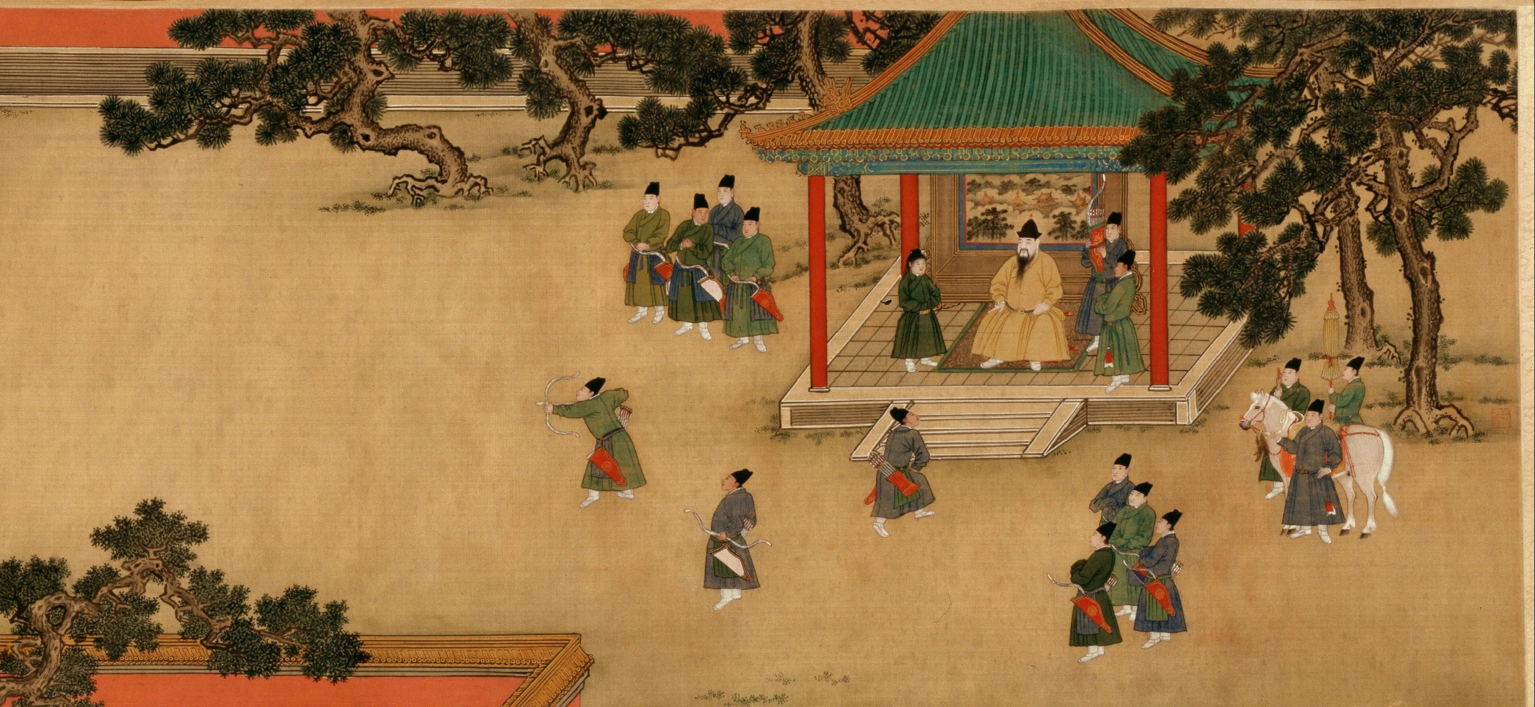 《明宣宗行乐图》记录了五百年前的宫廷运动会,画面从右至左依次为