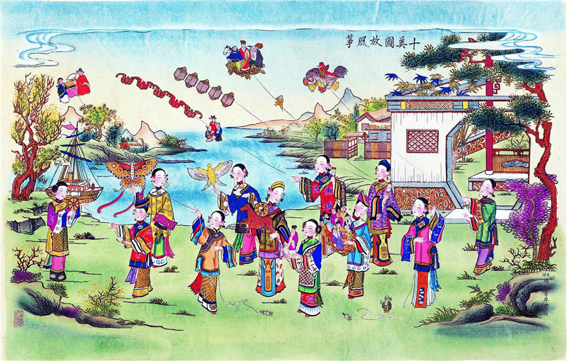 十美图放风筝（年画） 现代 天津杨柳青 中国美术馆藏