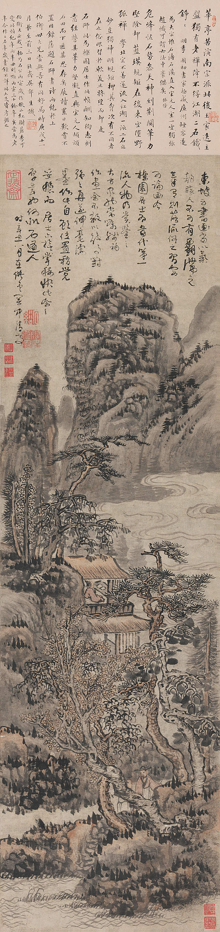 髡残，《为周亮工作山水》，102.5×29cm，立轴，纸本设色，1661