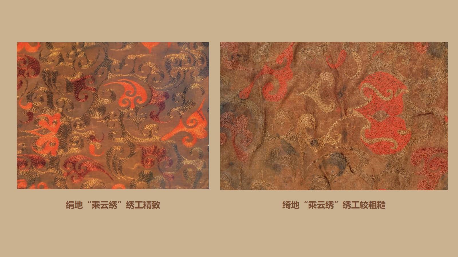 对鸟菱纹绮地&ldquo;乘云绣&rdquo;坐垫和绢地&ldquo;乘云绣&rdquo;枕巾对比图。