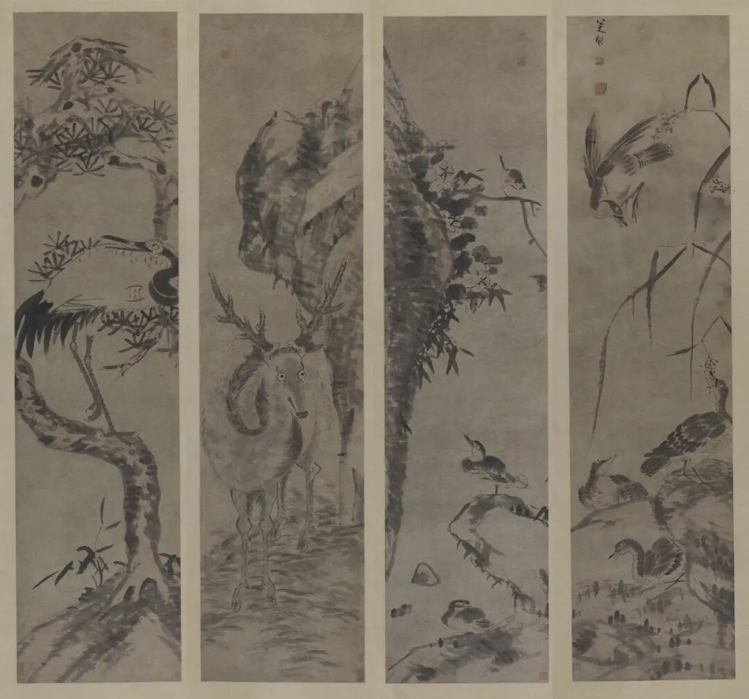 鹤鹿凫雁图  八大山人  中国画  180.5&times;44.1cm&times;4  清代  中国美术馆藏（1964年邓拓捐赠）
