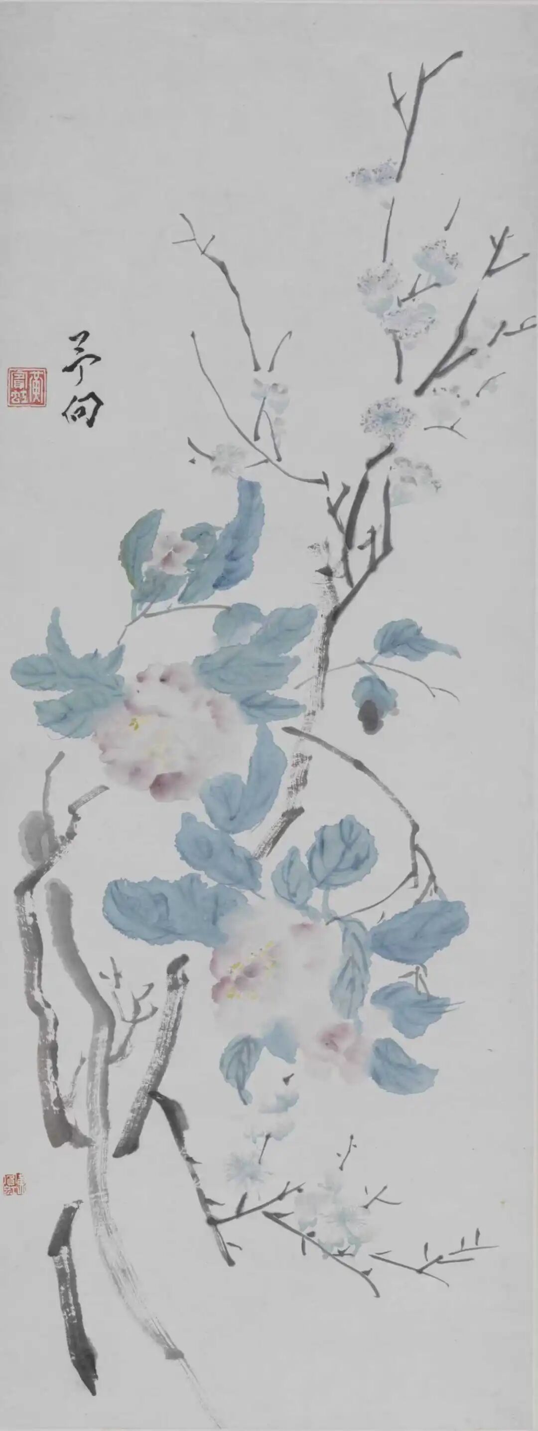 牡丹梅花  黄宾虹  中国画  103.7&times;39.9cm  中国美术馆藏
